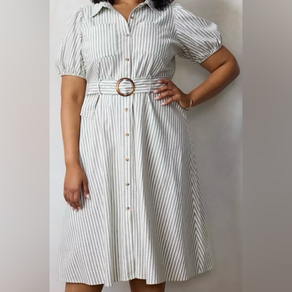 Trendy Belted Shirt Puff Sleeve Dress